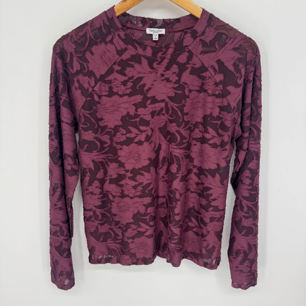 Splendid Floral Burnout Velvet Mesh Top Womens M Burgundy Whimsigoth Sheer